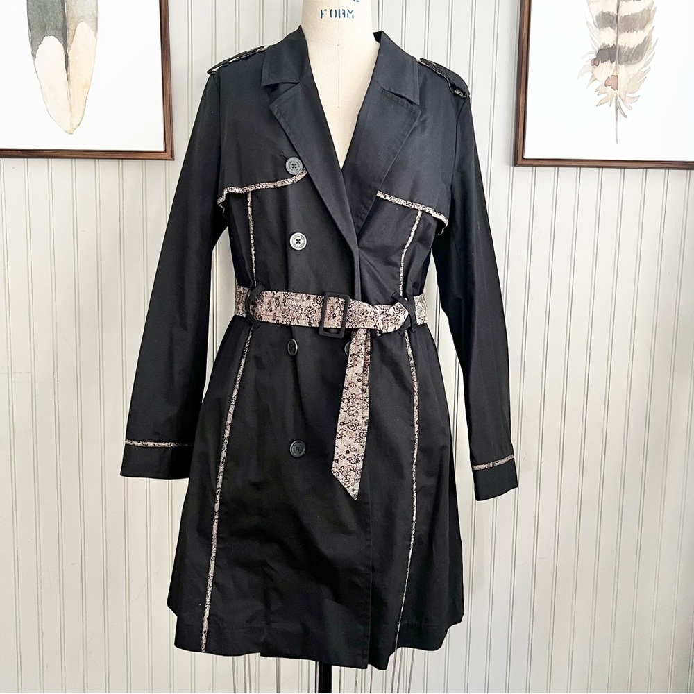 Jason Wu Cotton Trench Jacket Mid Length Black with Pink Lace Accents